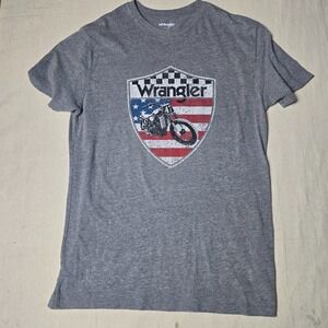 Wrangler Men's T-Shirt Medium Gray Motorcycle Graphic Tee Vintage Style USA Flag
